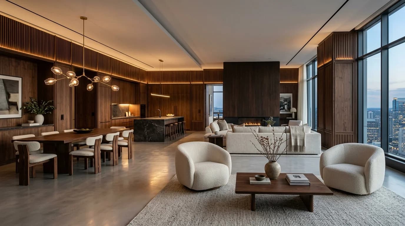 Cuisine contemporaine Moblio avec îlot monolithe en travertin et façades en noyer cannelé