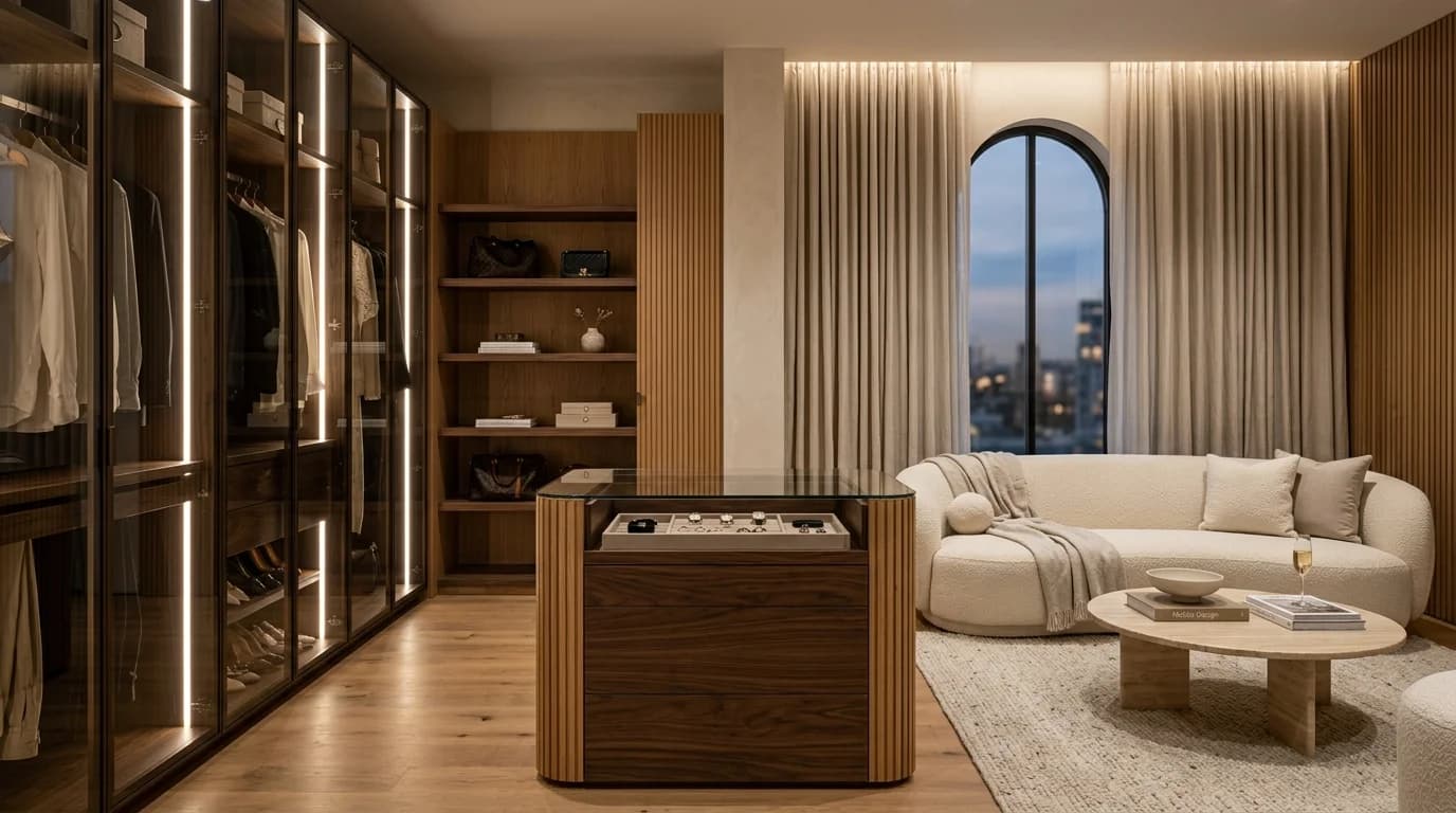 Dressing de maître Moblio avec portes en verre fumé, profilés laiton et éclairage LED chaud