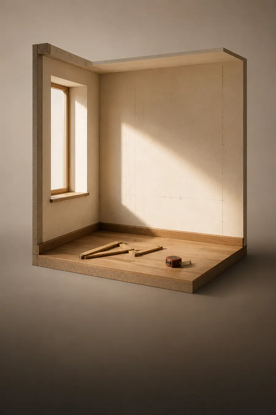 Maquette d'une pièce vide en plâtre, mètre pliant et ruban posés au sol.