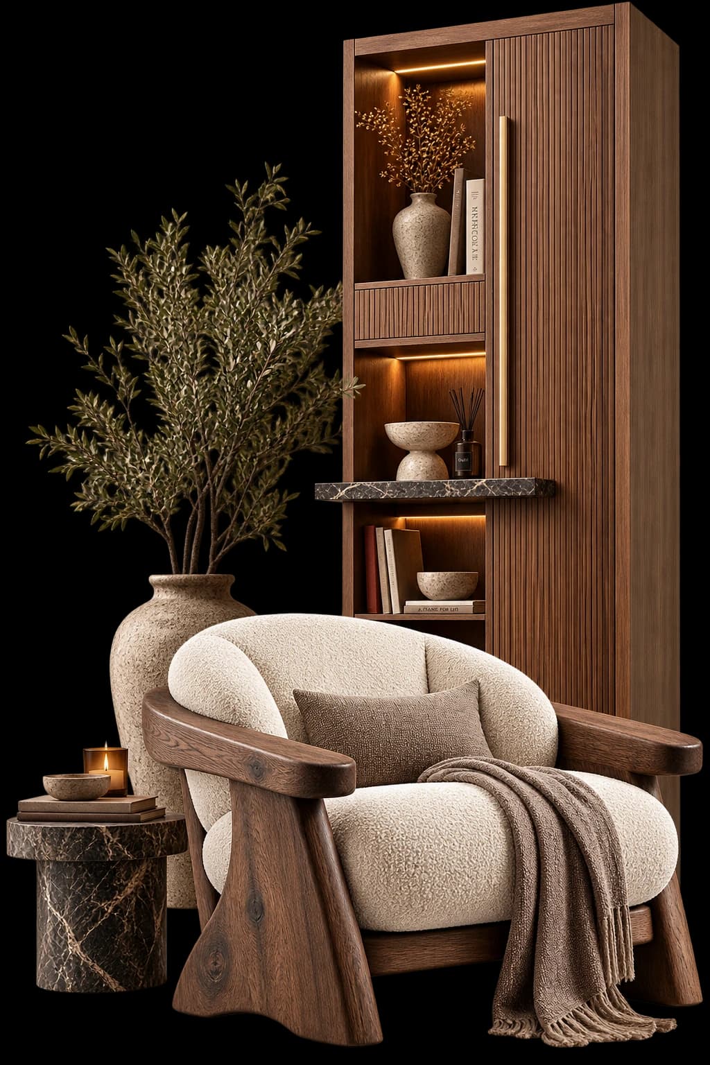Mobilier sur mesure Moblio — fauteuil bouclé, bibliothèque en noyer et table en marbre